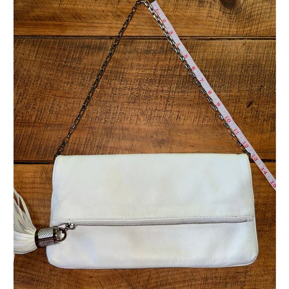 Michael Kors White Pebbled Leather Fold Over Clutch Shoulder Bag Tassel - Picture 13 of 14